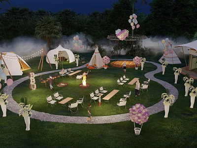 Charming Outdoor Garden Decor With Tents Bonfire Balloons And Flower Arrangements 3d model