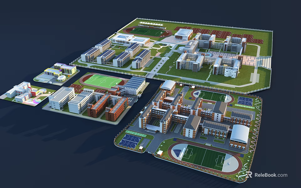 School Campus Building Layout With Multiple Structures Green Spaces Sports Fields And Courtyards 3d model 