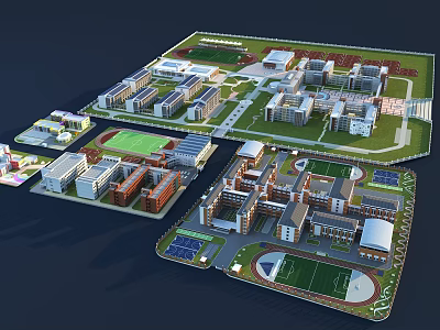 School Campus Building Layout With Multiple Structures Green Spaces Sports Fields And Courtyards 3d model