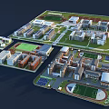 School Campus Building Layout With Multiple Structures Green Spaces Sports Fields And Courtyards 3d model