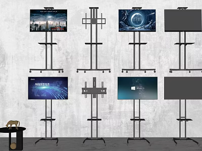 Multiple TVs On Black Stands With Different Screen Displays Against Gray Wall 3d model
