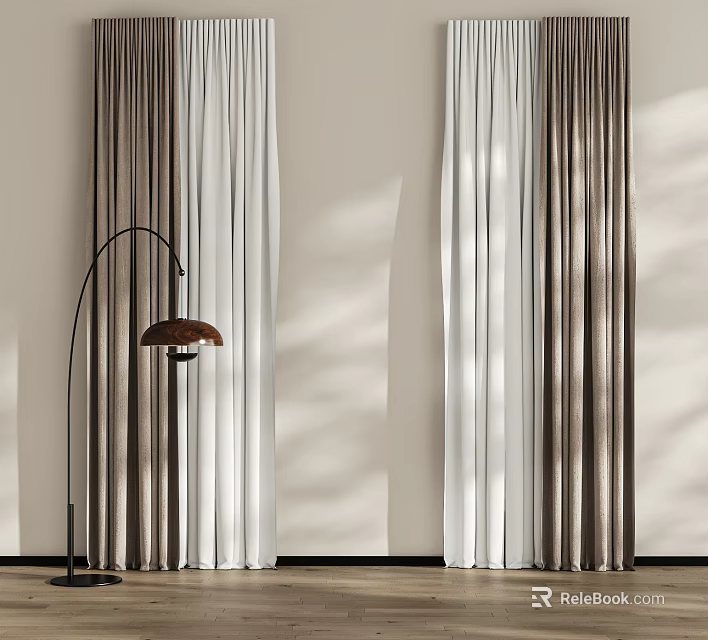 Stylish Brown And White Curtains In Room With Floor Lamp And Natural Light Shadows 3d model 