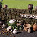 Rustic Stone Wall Displaying Handmade Ceramic Pots And Green Plants For DIY Crafts 3d model