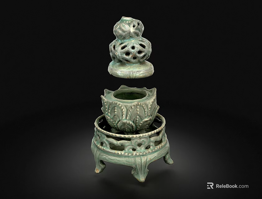 Exquisite Celadon Ceramic Vessel With Layered Openwork Carved Base And Lotus Design Lid 3d model 