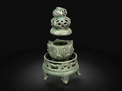 Exquisite Celadon Ceramic Vessel With Layered Openwork Carved Base And Lotus Design Lid 3d model
