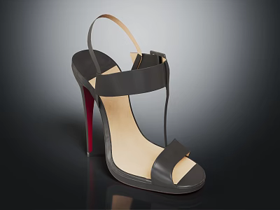 Black Leather T-Strap High Heel Sandals With Stylish Design And Red Heel 3d model