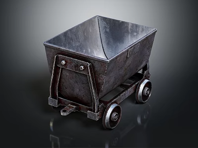 Rustic Metal Cart With Square Bucket And Wheels On Dark Reflective Surface 3d model