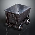 Rustic Metal Cart With Square Bucket And Wheels On Dark Reflective Surface