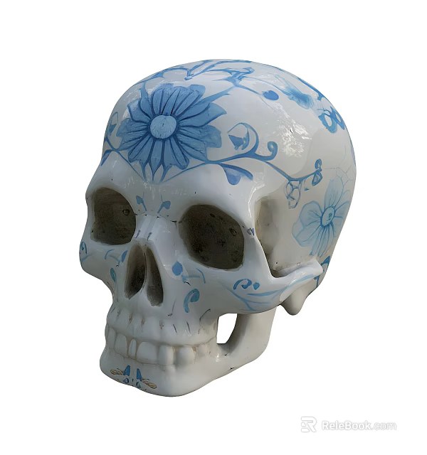 White Human Skull Adorned With Intricate Blue Floral Patterns And Vines 3d model 