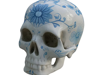 White Human Skull Adorned With Intricate Blue Floral Patterns And Vines 3d model