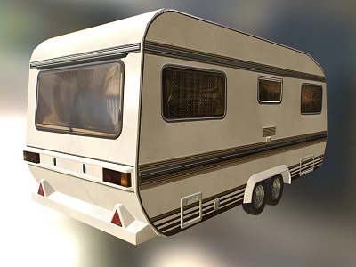 White Striped Utility Vehicle With Multiple Windows Rear Ladder Towable For Camping Trips 3d model