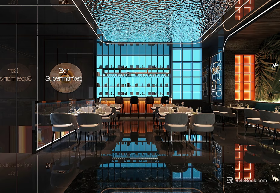 Elegant Modern Restaurant Interior With Bar Counter And Marble Dining Tables 3d model 