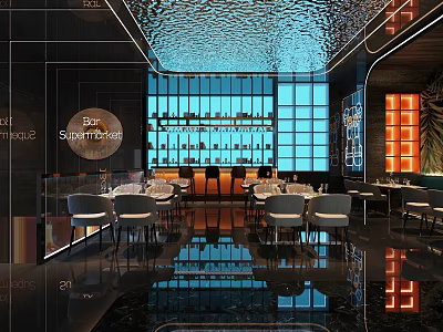 Elegant Modern Restaurant Interior With Bar Counter And Marble Dining Tables 3d model