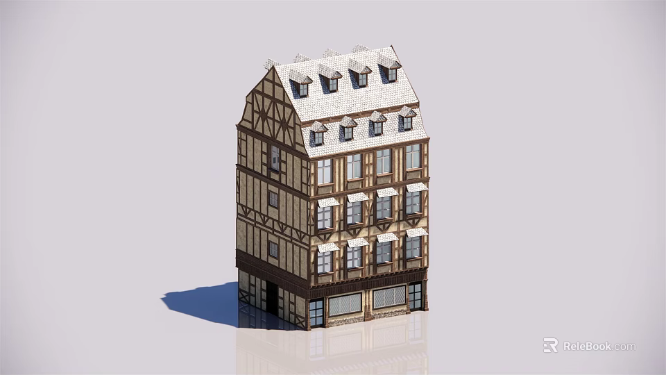 Traditional European Timber Framed Building With Multiple Floors And Gabled Roof 3d model 