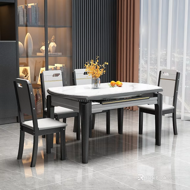 Modern Dining Table Set With White Top Black Legs Chairs Yellow Flowers And Orange Fruits 3d model 