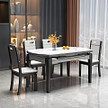 Modern Dining Table Set With White Top Black Legs Chairs Yellow Flowers And Orange Fruits