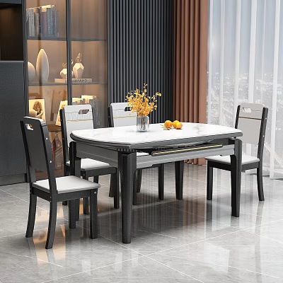 Modern Dining Table Set With White Top Black Legs Chairs Yellow Flowers And Orange Fruits 3d model