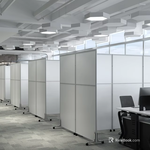 Modern Public Office Space With Glass Partitions Desks Computer Workstations And Contemporary Ceiling Design 3d model 