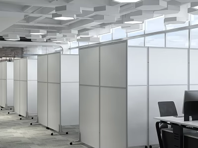 Modern Public Office Space With Glass Partitions Desks Computer Workstations And Contemporary Ceiling Design 3d model
