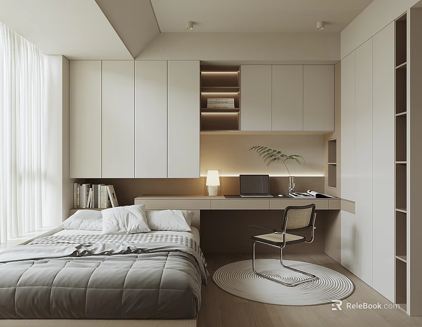 Minimalist Tatami Bedroom Interior With Built in Bookshelf Writing Desk Chair And Soft Lighting 3d model 