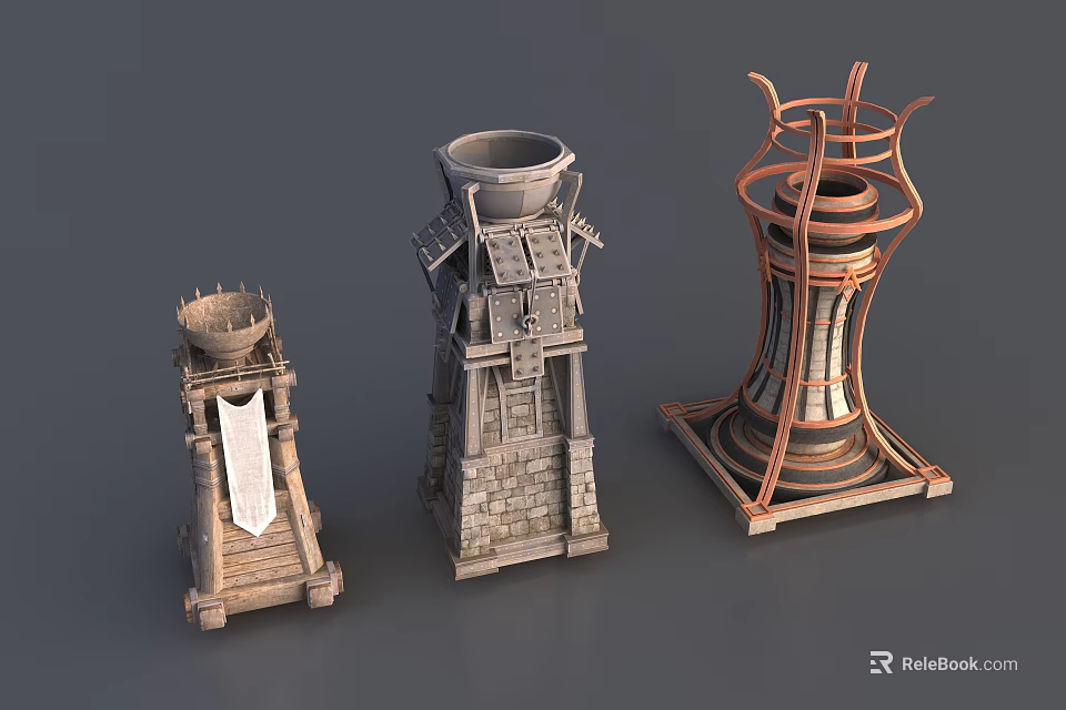 Three Different Styles Decorative Tower Models With Stone Metal And Structural Details 3d model 