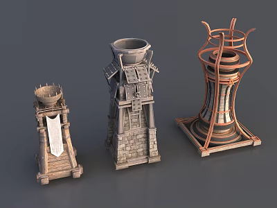 Three Different Styles Decorative Tower Models With Stone Metal And Structural Details 3d model