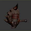 Fantasy Creature Character With Large Ears Red Eyes Whiskers And Red Arm Bands Holding Bone