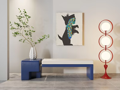 Modern Interior Blue White Sofa Bench With Green Plant Vase Art And Red Floor Lamp 3d model