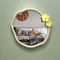 Irregular Shaped Wall Mirror With Yellow Flowers And Bedroom Reflection On Green Wall