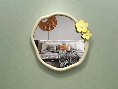 Irregular Shaped Wall Mirror With Yellow Flowers And Bedroom Reflection On Green Wall 3d model