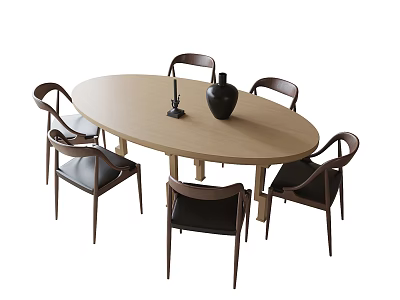 Modern Wooden Round Dining Table Set With Four Chairs And Black Vase Decor 3d model
