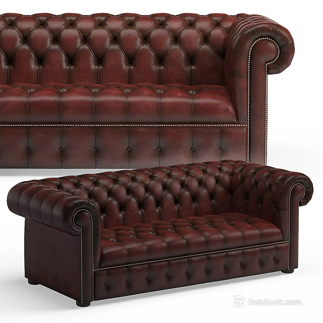 Brown Leather Tufted Multi Seater Sofa With Rolled Arms And Stitched Details 3d model 