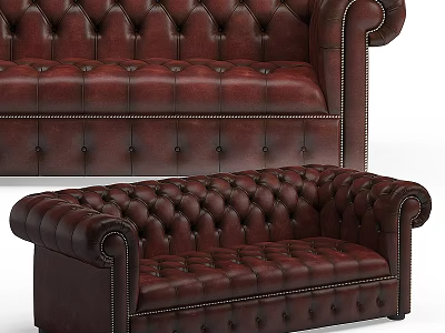 Brown Leather Tufted Multi Seater Sofa With Rolled Arms And Stitched Details 3d model