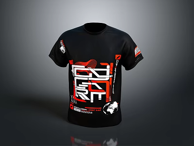 Black Short Sleeve T-Shirt With Red And White Graphic Design Elements For Daily Use 3d model