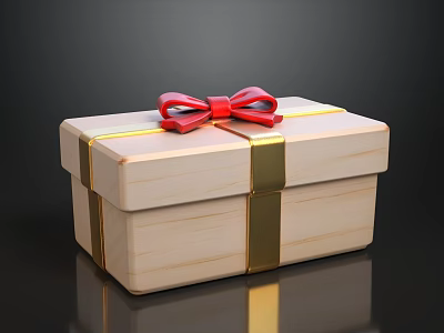 Wooden Gift Box With Red Bow And Golden Ribbon On Dark Background 3d model