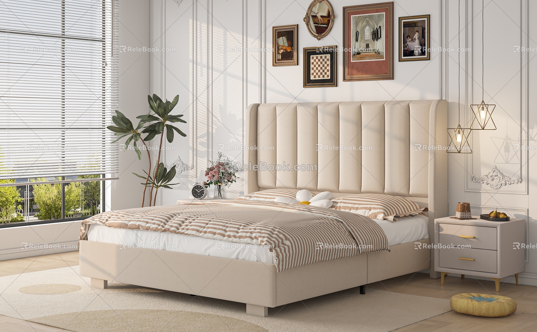 Bedroom bed with cream wind 3d model