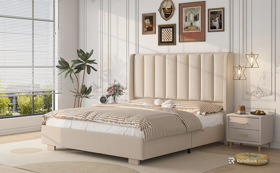 Modern Bedroom Interior With Beige Padded Headboard Striped Bedspread Decorative Wall Paintings And Pendant Lights 3d model 