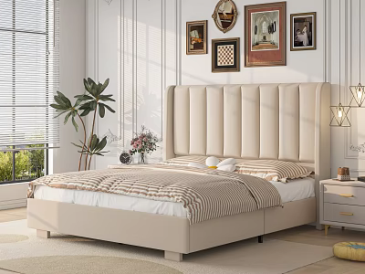 Modern Bedroom Interior With Beige Padded Headboard Striped Bedspread Decorative Wall Paintings And Pendant Lights 3d model