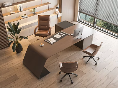 Modern Wooden Office Desk With Ergonomic Chairs And Green Plant Near Window 3d model
