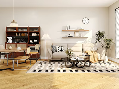 Cozy Living And Dining Room Interior With Sofa Coffee Table Dining Set And Bookshelf 3d model