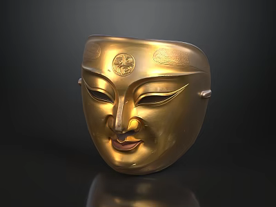 Golden Mask Shaped Landscape Sculpture With Decorative Patterns And Shiny Surface 3d model