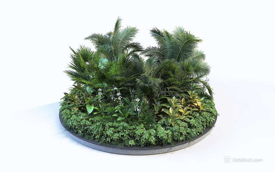 Roadside Greenery Landscaping with Circular Planter and Diverse Tropical Plants for Urban Road Facilities 3d model 