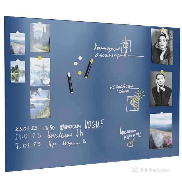Creative Wall Decor with Photos Notes Pens Dates VOGUE Text and Hand Drawn Art 3d model 