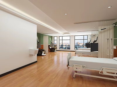 Spacious Hospital Room Interior With Wooden Flooring Beds Windows And Medical Equipment 3d model