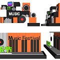 Music Festival Stage with Orange Black Design Speakers Vinyl Records and Piano Keys