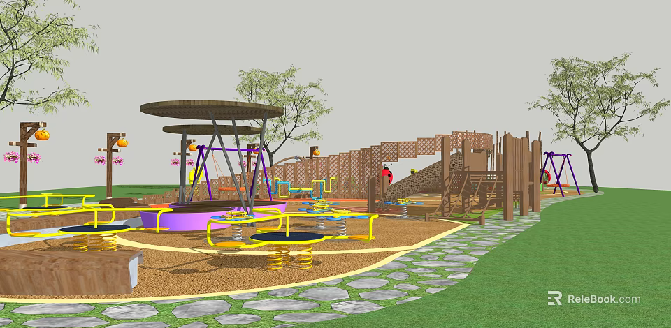 Outdoor Children's Playground With Swings Slide Climbing Structure Trees And Stone Path 3d model 