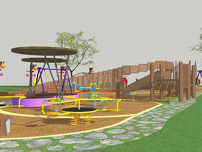 Outdoor Children's Playground With Swings Slide Climbing Structure Trees And Stone Path 3d model
