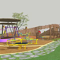 Outdoor Children's Playground With Swings Slide Climbing Structure Trees And Stone Path