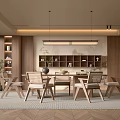 Modern Restaurant Interior With Wooden Table Chairs Long Pendant Lights Wall Shelves Herringbone Wood Floor