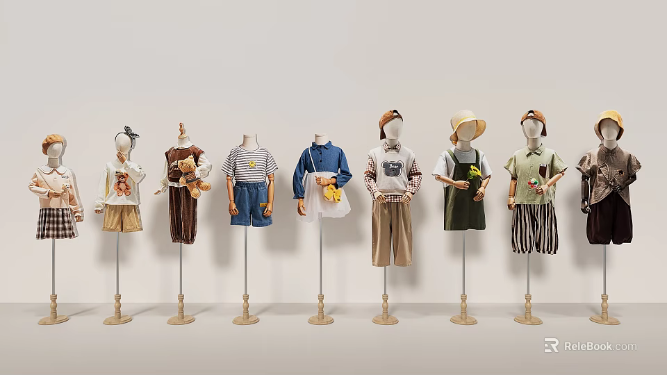 Mannequins Displaying Various Casual Outfits With Hats And Bags In Studio 3d model 